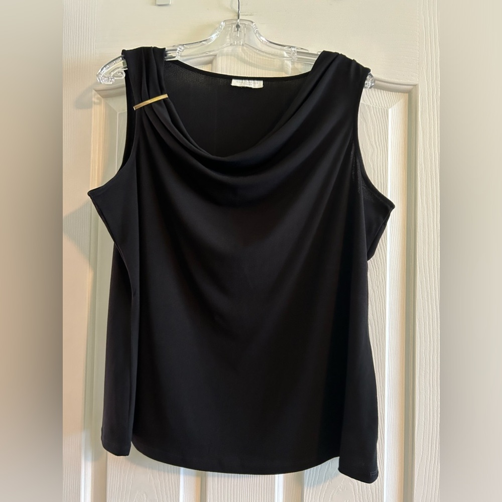 Dressy black sleeveless cowl neck top with sewn on embellishment